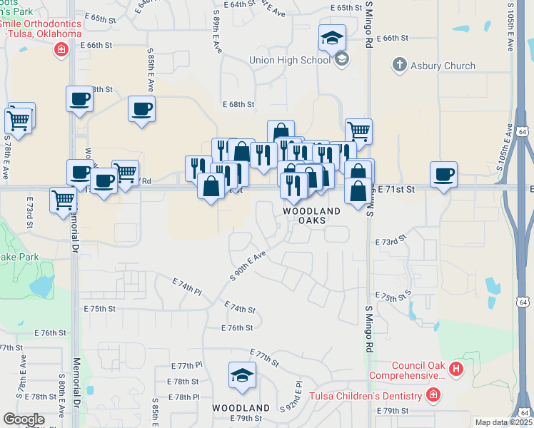 map of restaurants, bars, coffee shops, grocery stores, and more near 7104 South 92nd East Avenue in Tulsa