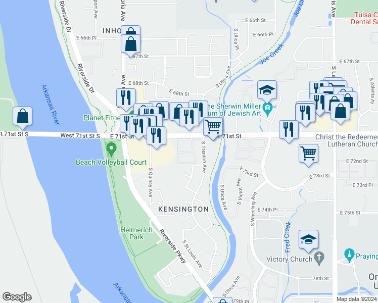 map of restaurants, bars, coffee shops, grocery stores, and more near 1542 East 71st Street in Tulsa