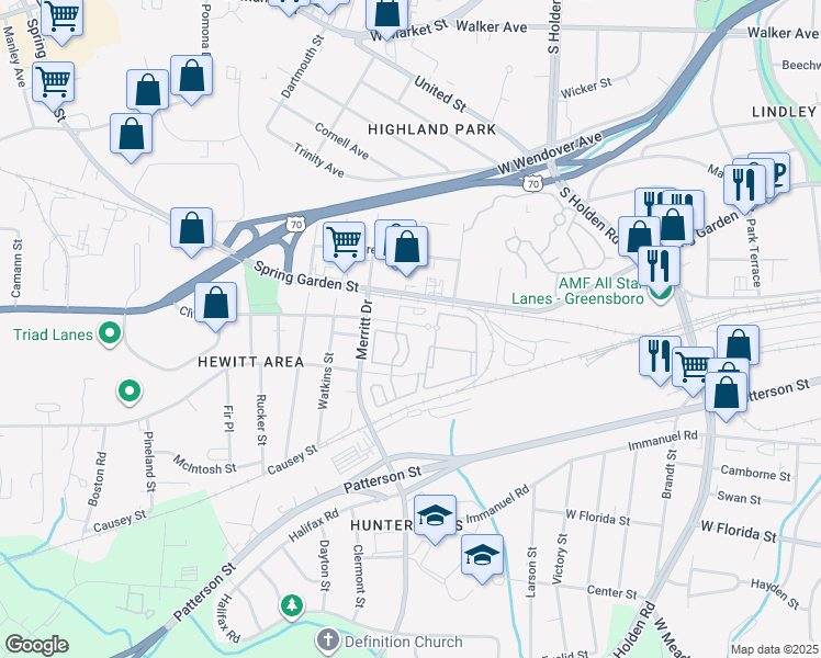 map of restaurants, bars, coffee shops, grocery stores, and more near 3619 Clifton Road in Greensboro