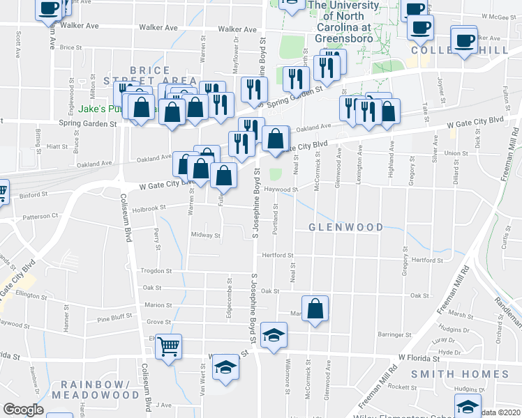 map of restaurants, bars, coffee shops, grocery stores, and more near 1001 South Aycock Street in Greensboro
