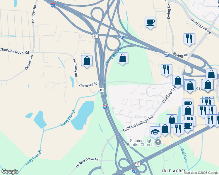 map of restaurants, bars, coffee shops, grocery stores, and more near 5627 Hornaday Road in Greensboro