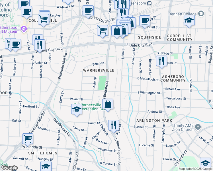 map of restaurants, bars, coffee shops, grocery stores, and more near 1232 South Eugene Street in Greensboro