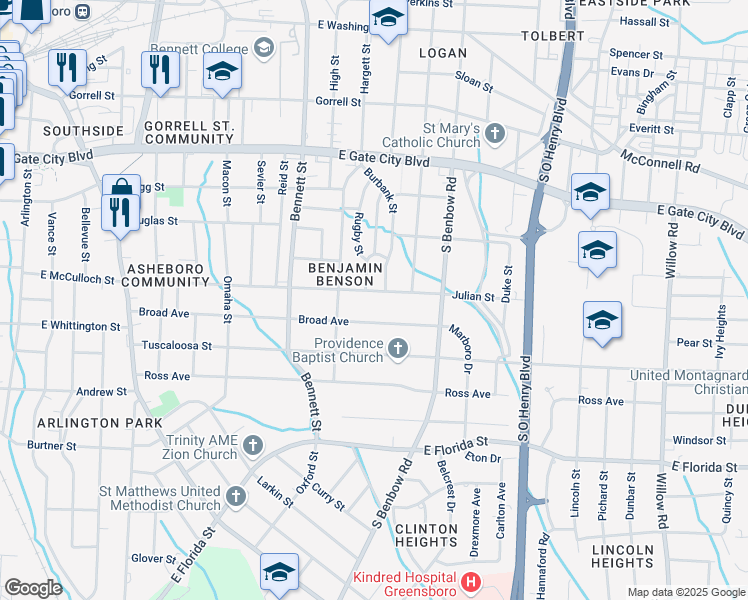 map of restaurants, bars, coffee shops, grocery stores, and more near in Greensboro