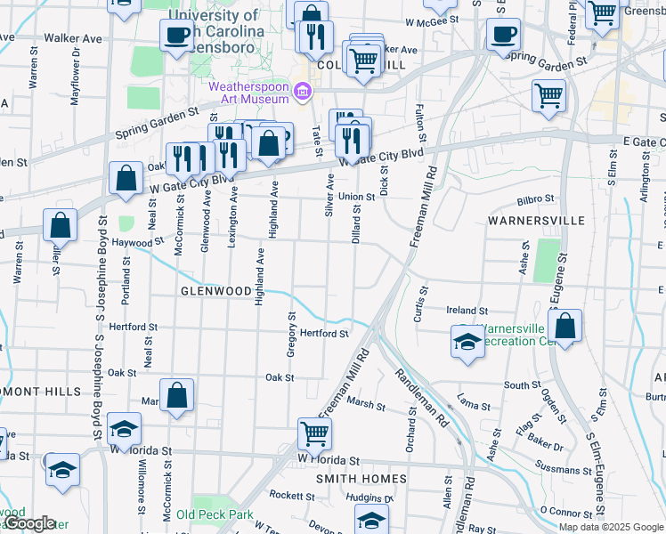 map of restaurants, bars, coffee shops, grocery stores, and more near 913 Silver Avenue in Greensboro