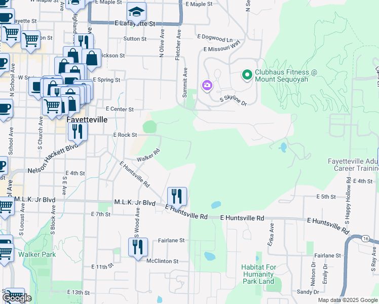 map of restaurants, bars, coffee shops, grocery stores, and more near South Knerr Drive in Fayetteville