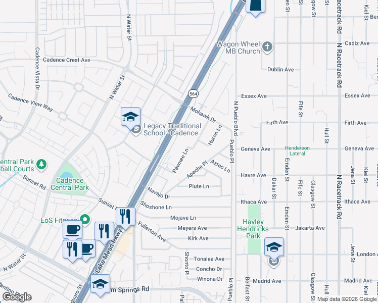 map of restaurants, bars, coffee shops, grocery stores, and more near 1121 Pawnee Lane in Henderson