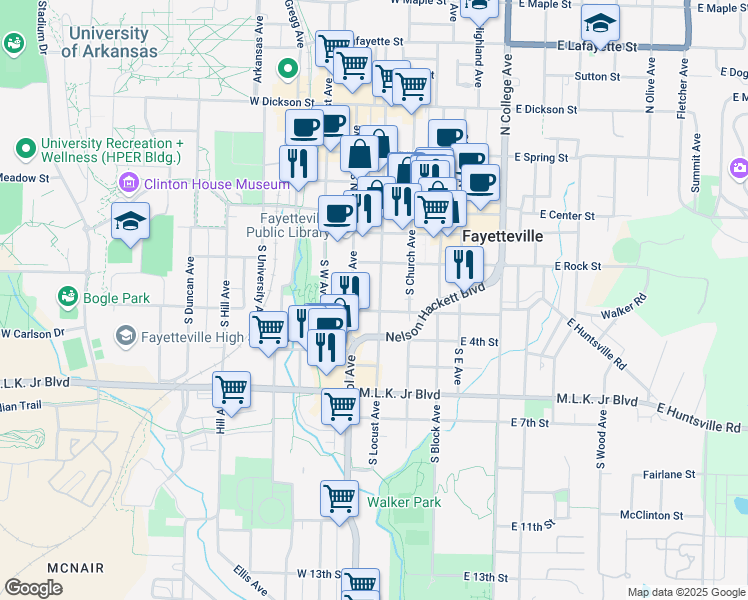 map of restaurants, bars, coffee shops, grocery stores, and more near 231 South Locust Avenue in Fayetteville