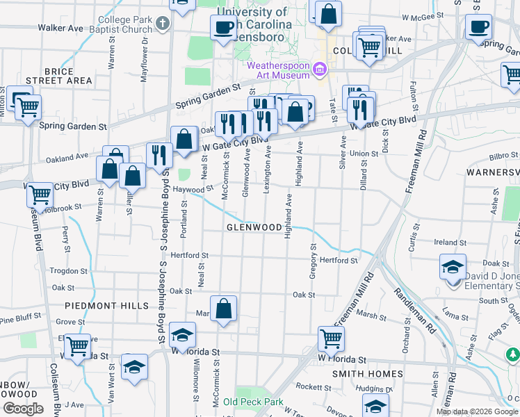map of restaurants, bars, coffee shops, grocery stores, and more near 911 Lexington Avenue in Greensboro