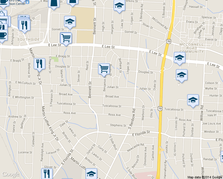 map of restaurants, bars, coffee shops, grocery stores, and more near 910 Julian Street in Greensboro