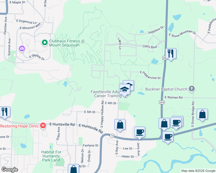 map of restaurants, bars, coffee shops, grocery stores, and more near 248 South Happy Hollow Road in Fayetteville