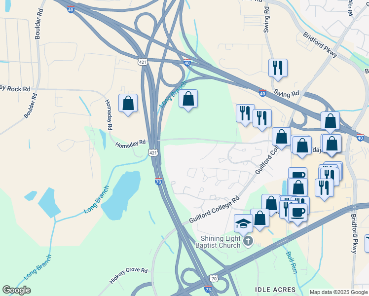 map of restaurants, bars, coffee shops, grocery stores, and more near 5619 Hornaday Road in Greensboro