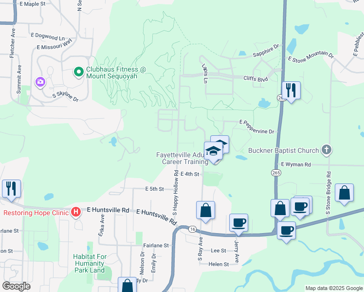 map of restaurants, bars, coffee shops, grocery stores, and more near 248 South Happy Hollow Road in Fayetteville