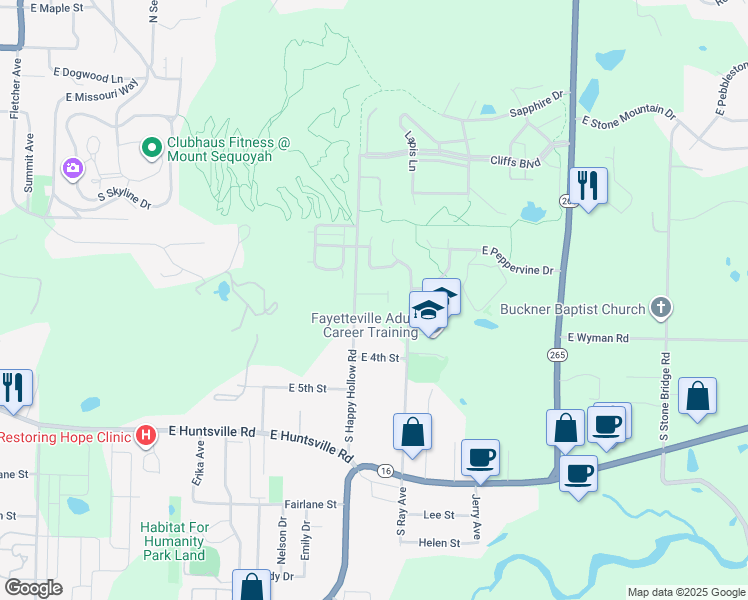 map of restaurants, bars, coffee shops, grocery stores, and more near 248 South Happy Hollow Road in Fayetteville