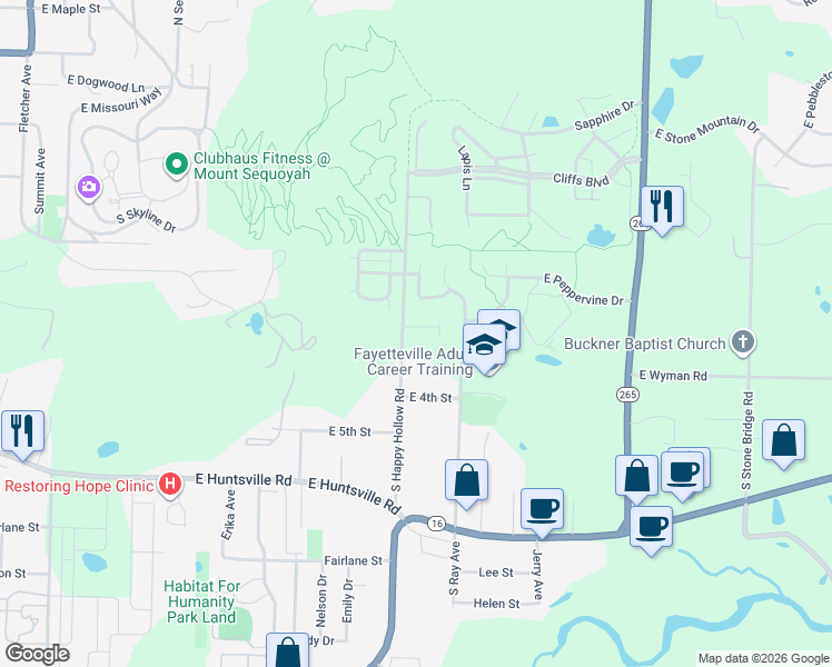 map of restaurants, bars, coffee shops, grocery stores, and more near 248 South Happy Hollow Road in Fayetteville
