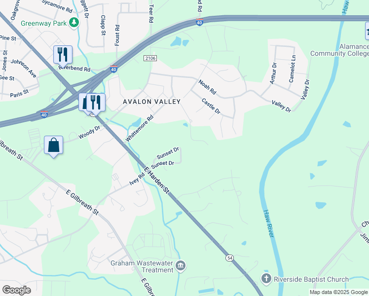 map of restaurants, bars, coffee shops, grocery stores, and more near 902 Sunset Drive in Graham