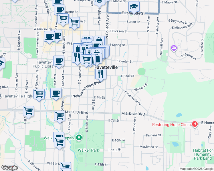 map of restaurants, bars, coffee shops, grocery stores, and more near 210 Nelson Hackett Boulevard in Fayetteville