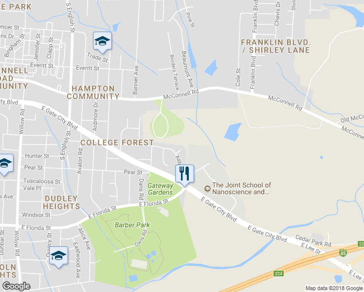 map of restaurants, bars, coffee shops, grocery stores, and more near 7 Belles Court in Greensboro