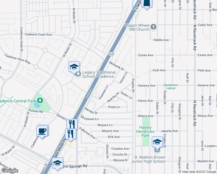 map of restaurants, bars, coffee shops, grocery stores, and more near 1121 Pawnee Lane in Henderson
