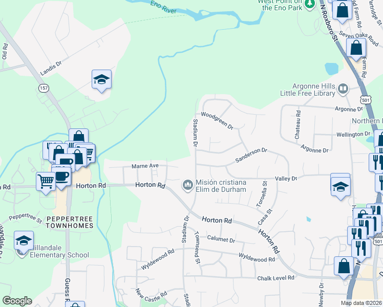 map of restaurants, bars, coffee shops, grocery stores, and more near 2801 Stadium Drive in Durham