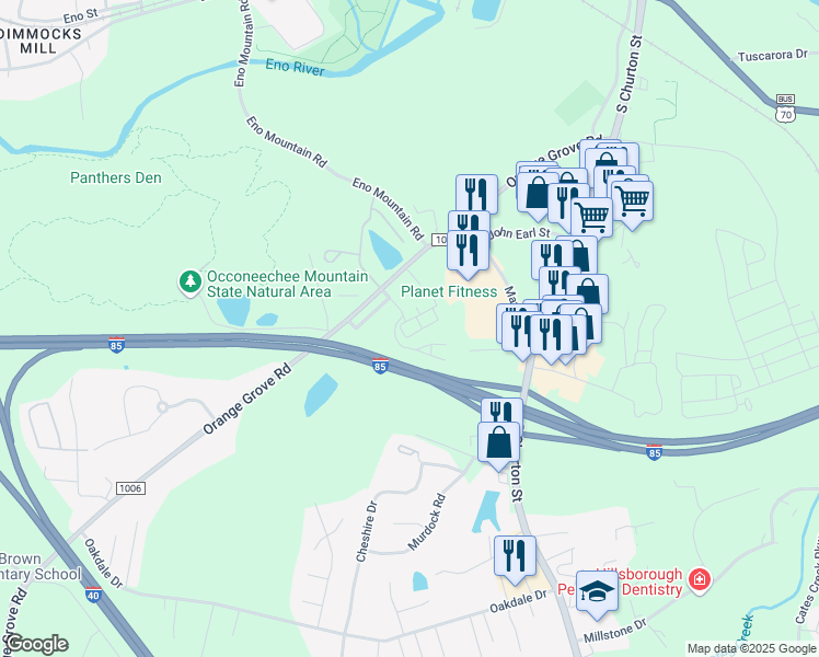 map of restaurants, bars, coffee shops, grocery stores, and more near William Hooper Circle in Hillsborough