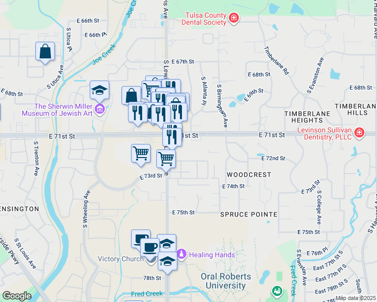 map of restaurants, bars, coffee shops, grocery stores, and more near 7123 S Lewis Ave in Tulsa
