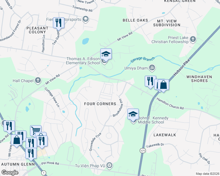 map of restaurants, bars, coffee shops, grocery stores, and more near 3461 Hamilton Church Road in Nashville