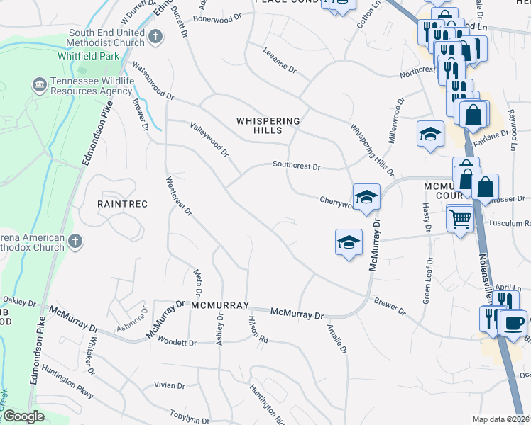 map of restaurants, bars, coffee shops, grocery stores, and more near 5009 Brewer Court in Nashville