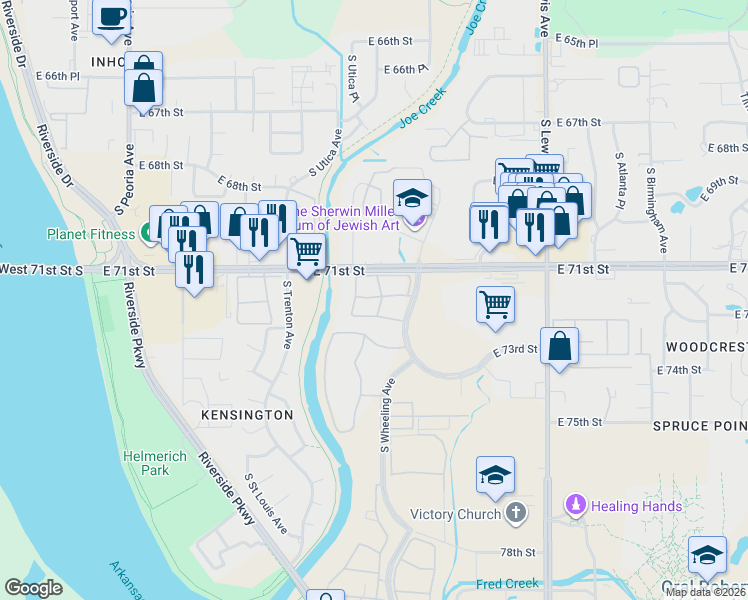 map of restaurants, bars, coffee shops, grocery stores, and more near 1818 East 71st Street in Tulsa