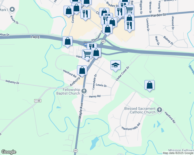 map of restaurants, bars, coffee shops, grocery stores, and more near 1244 Lawndale Drive in Graham