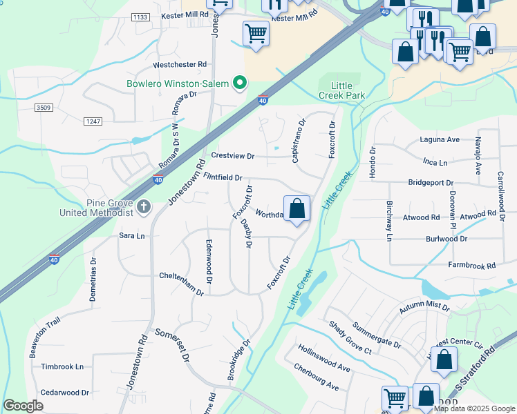 map of restaurants, bars, coffee shops, grocery stores, and more near 118 Worthdale Drive in Winston-Salem