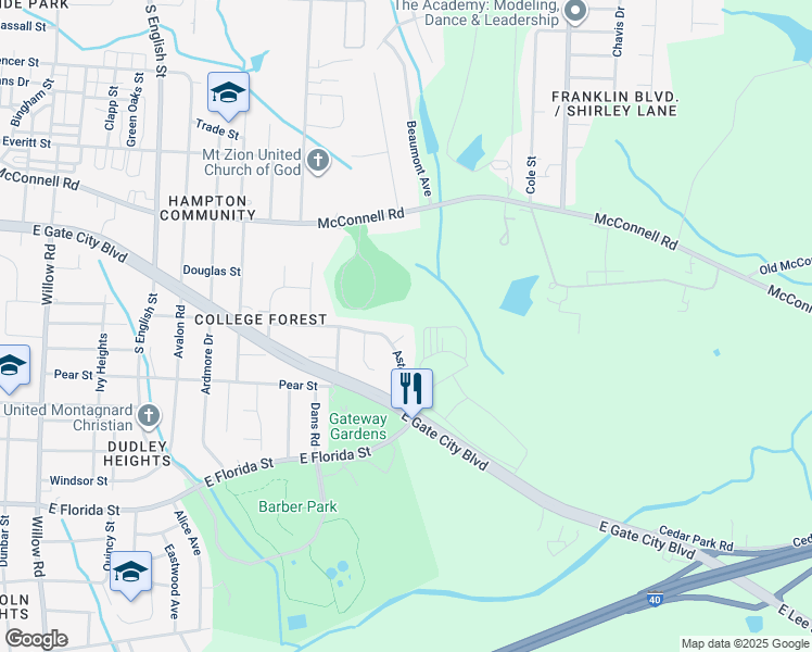 map of restaurants, bars, coffee shops, grocery stores, and more near 7 Belles Court in Greensboro