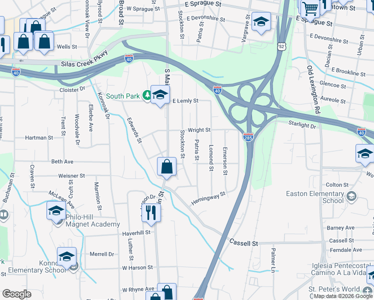 map of restaurants, bars, coffee shops, grocery stores, and more near 2830 Patria Street in Winston-Salem
