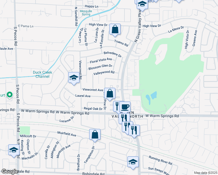 map of restaurants, bars, coffee shops, grocery stores, and more near 3145 La Mancha Way in Henderson