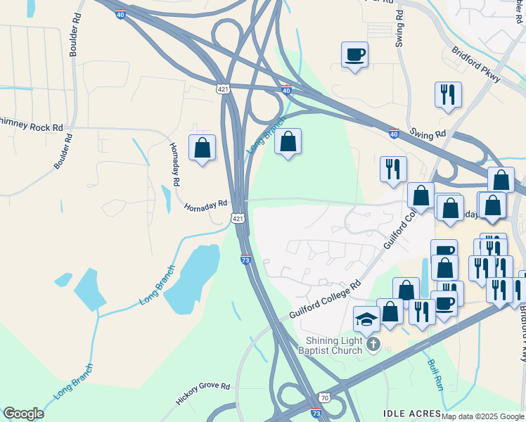 map of restaurants, bars, coffee shops, grocery stores, and more near 5625 Hornaday Road in Greensboro