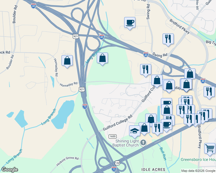 map of restaurants, bars, coffee shops, grocery stores, and more near 5611 Hornaday Road in Greensboro