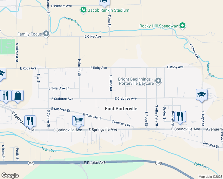 map of restaurants, bars, coffee shops, grocery stores, and more near 344 South Tulsa Road in Porterville