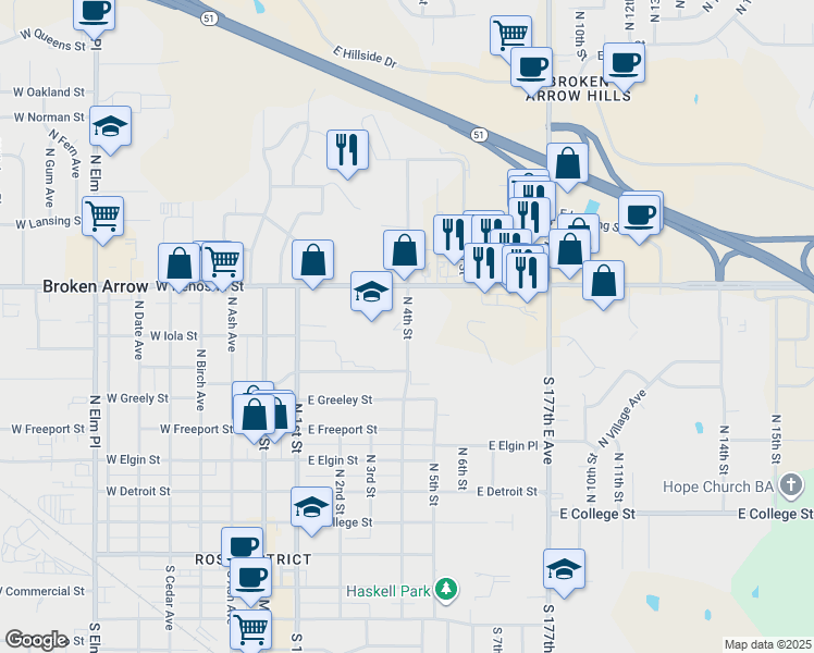 map of restaurants, bars, coffee shops, grocery stores, and more near 814 North 4th Street in Broken Arrow