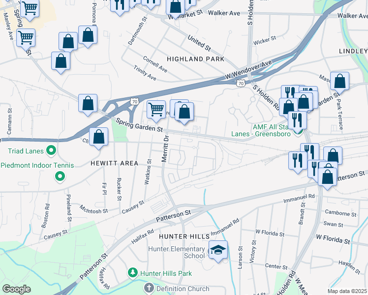 map of restaurants, bars, coffee shops, grocery stores, and more near 3621 Clifton Road in Greensboro