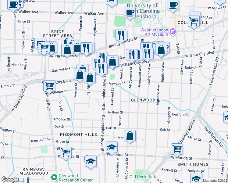 map of restaurants, bars, coffee shops, grocery stores, and more near 911 Portland Street in Greensboro
