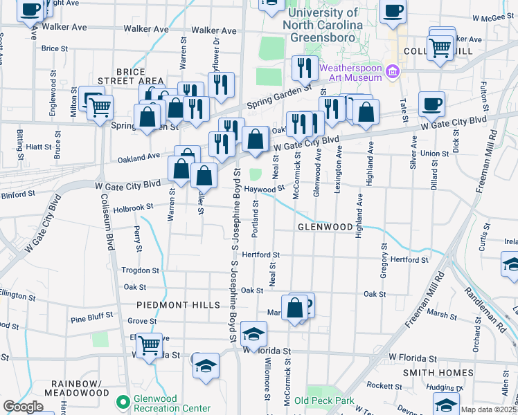 map of restaurants, bars, coffee shops, grocery stores, and more near 911 Portland Street in Greensboro
