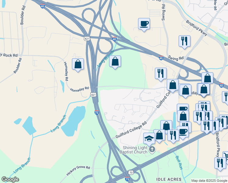 map of restaurants, bars, coffee shops, grocery stores, and more near 5619 Hornaday Road in Greensboro