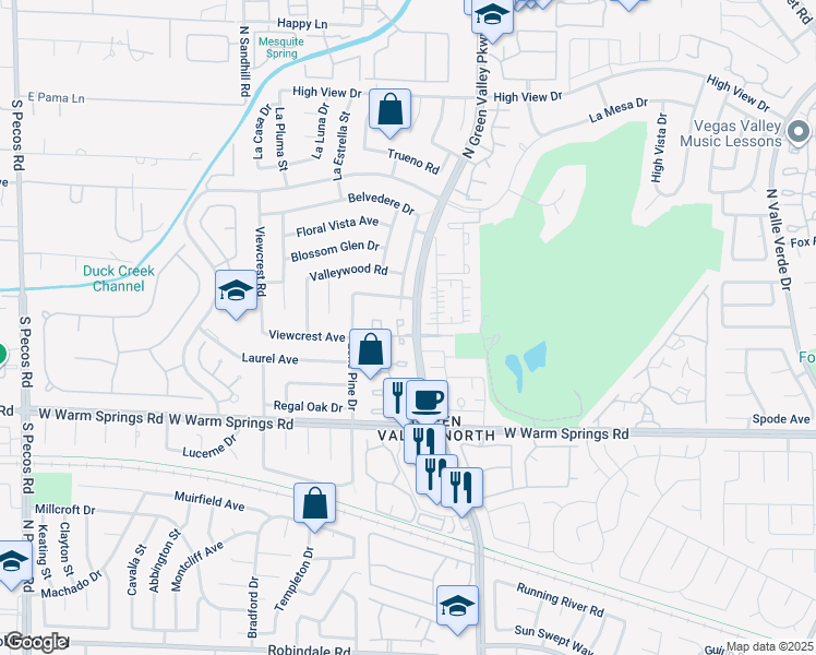map of restaurants, bars, coffee shops, grocery stores, and more near 3105 La Mancha Way in Henderson