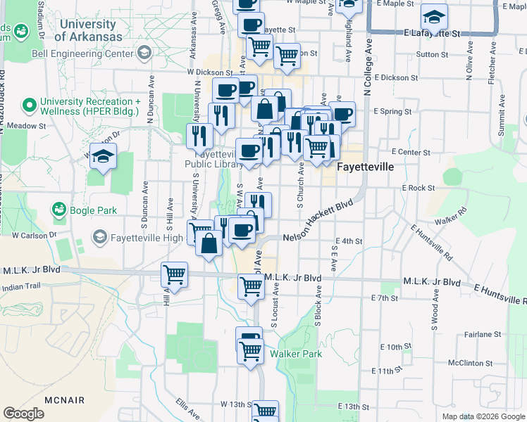 map of restaurants, bars, coffee shops, grocery stores, and more near in Fayetteville