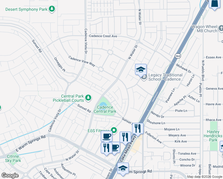 map of restaurants, bars, coffee shops, grocery stores, and more near 1058 North Water Street in Henderson