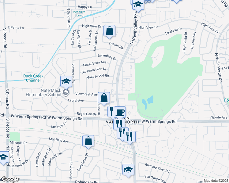 map of restaurants, bars, coffee shops, grocery stores, and more near 3131 La Mancha Way in Henderson