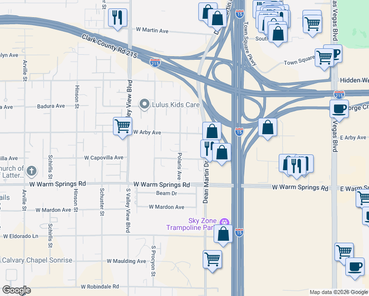 map of restaurants, bars, coffee shops, grocery stores, and more near 3345 West Arby Avenue in Las Vegas