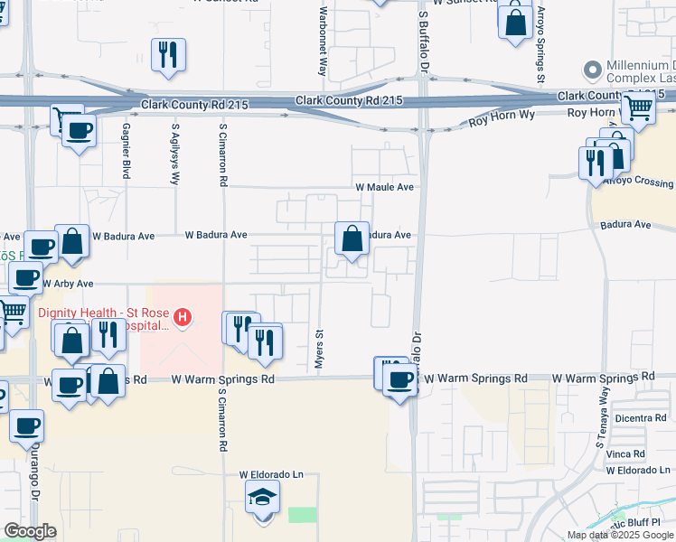 map of restaurants, bars, coffee shops, grocery stores, and more near 7955 West Badura Avenue in Las Vegas