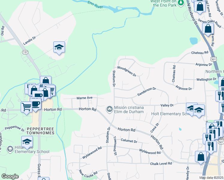 map of restaurants, bars, coffee shops, grocery stores, and more near 2801 Stadium Drive in Durham