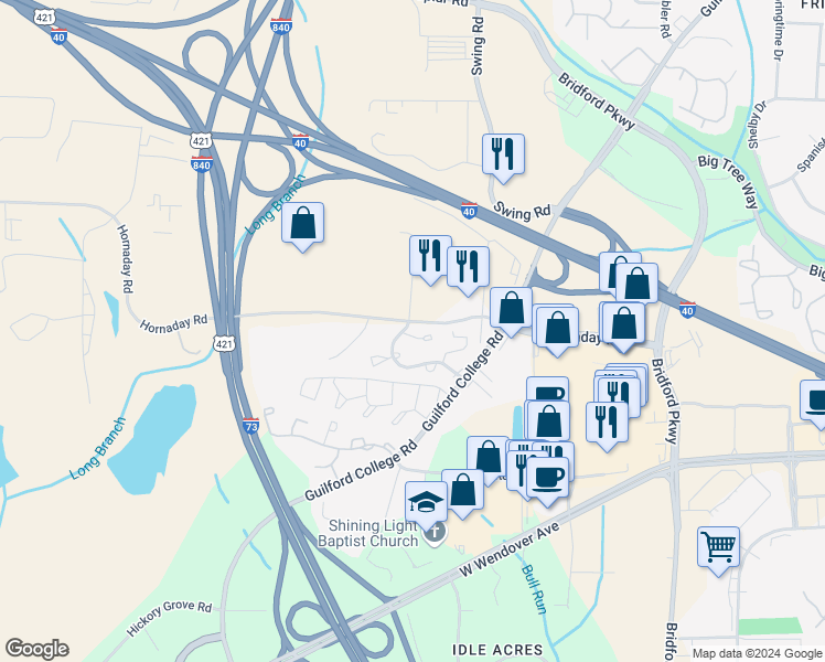 map of restaurants, bars, coffee shops, grocery stores, and more near 5529 Hornaday Road in Greensboro