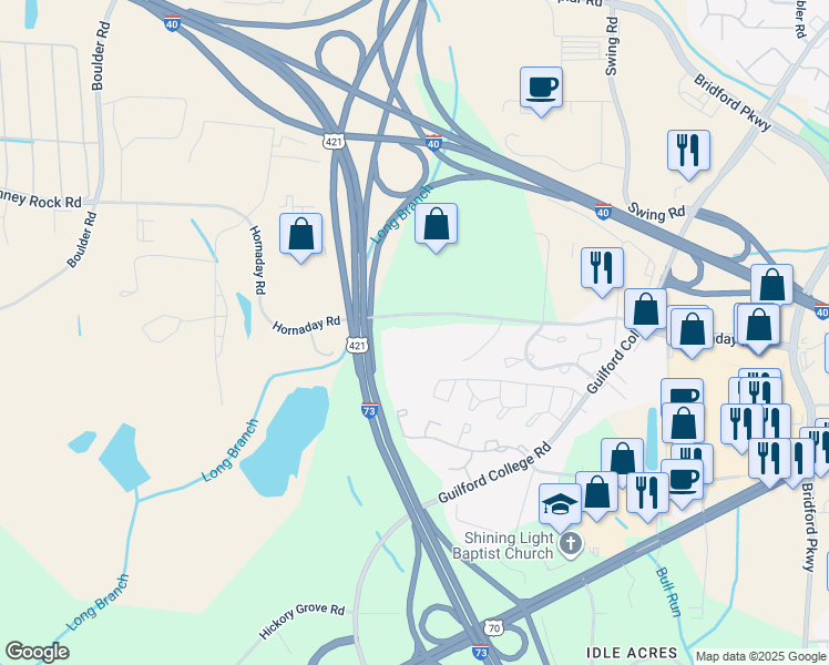 map of restaurants, bars, coffee shops, grocery stores, and more near 5623 Hornaday Road in Greensboro